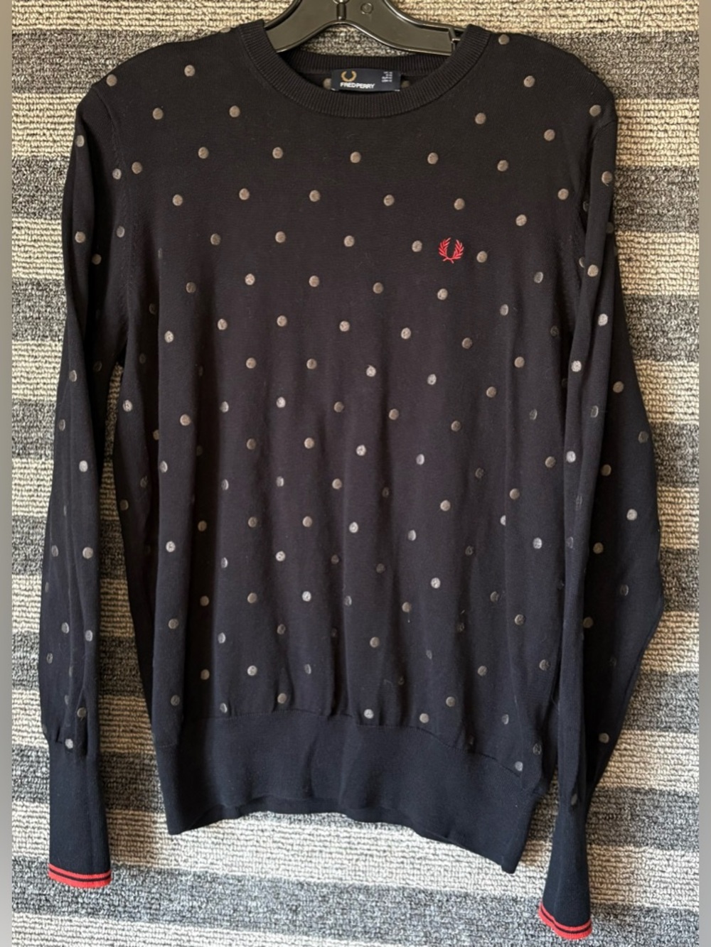 Fred Perry Black Crewneck Light Sweater with Gray Polka Dots & Red Laurel Medium